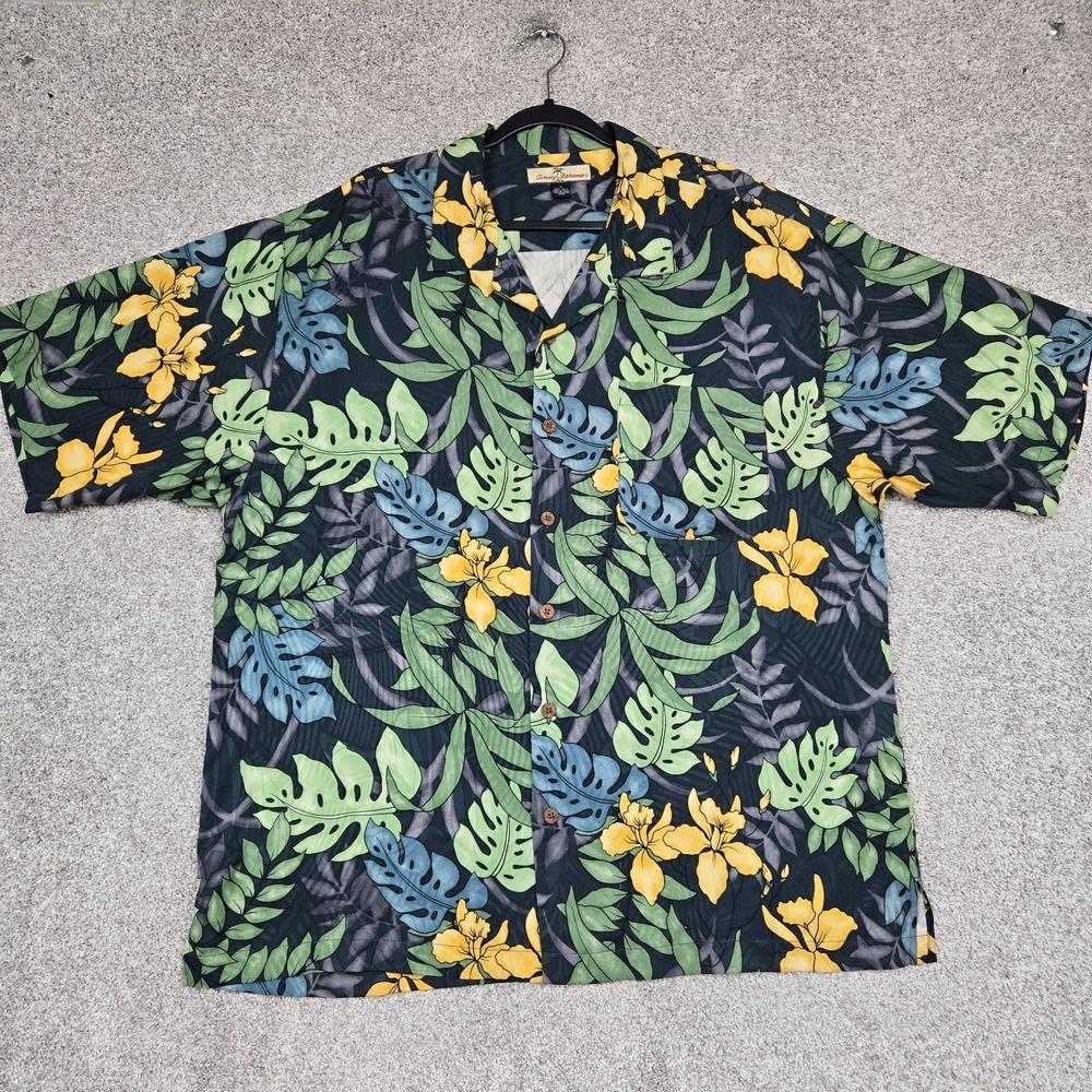 Tommy Bahama Hawaiian Camp Shirt Men XL silk floral loop collar gray yellow blue
